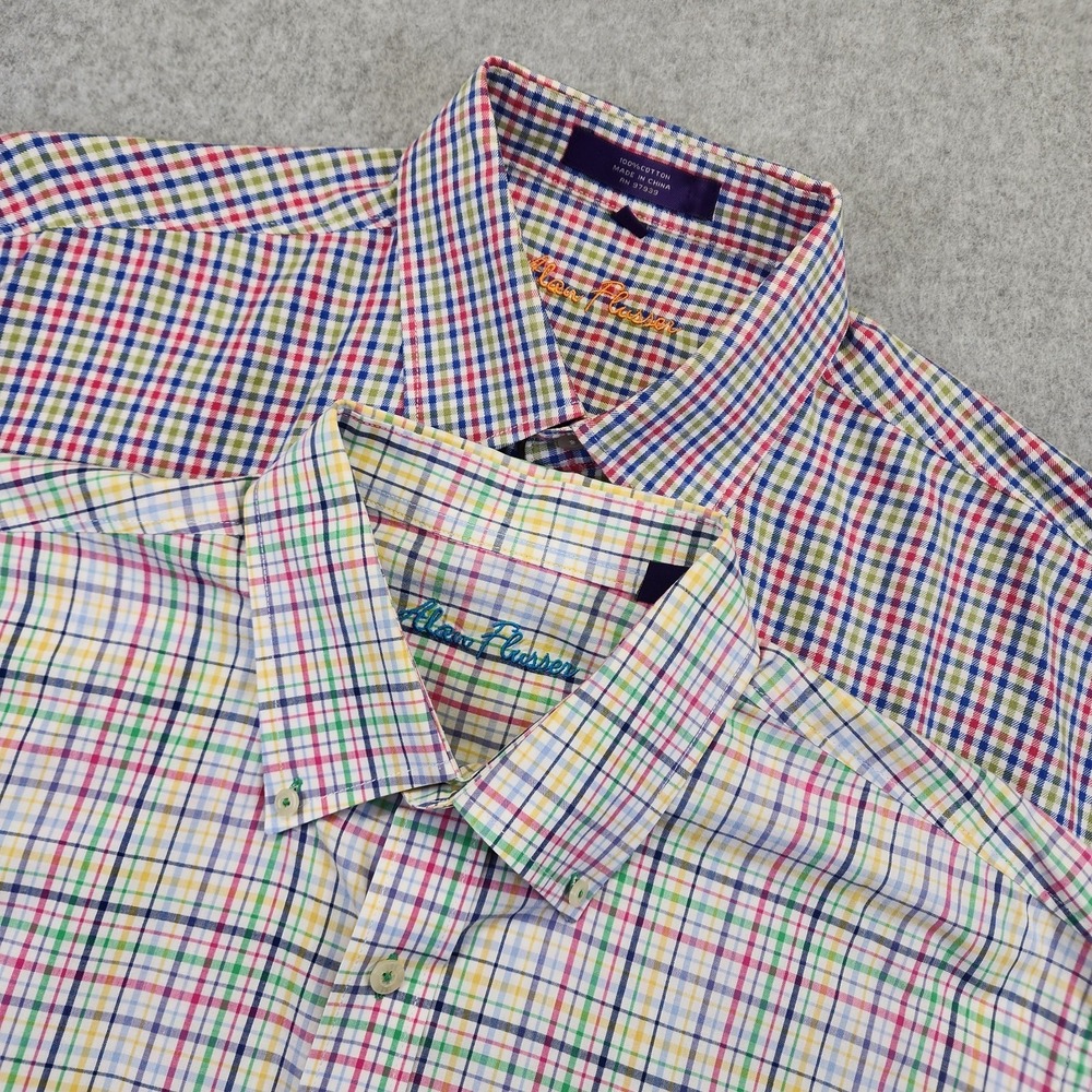 Alan Flusser Lot Of‎ 2 Mens Large Long Sleeve Plaid Button Down Shirts Colorful